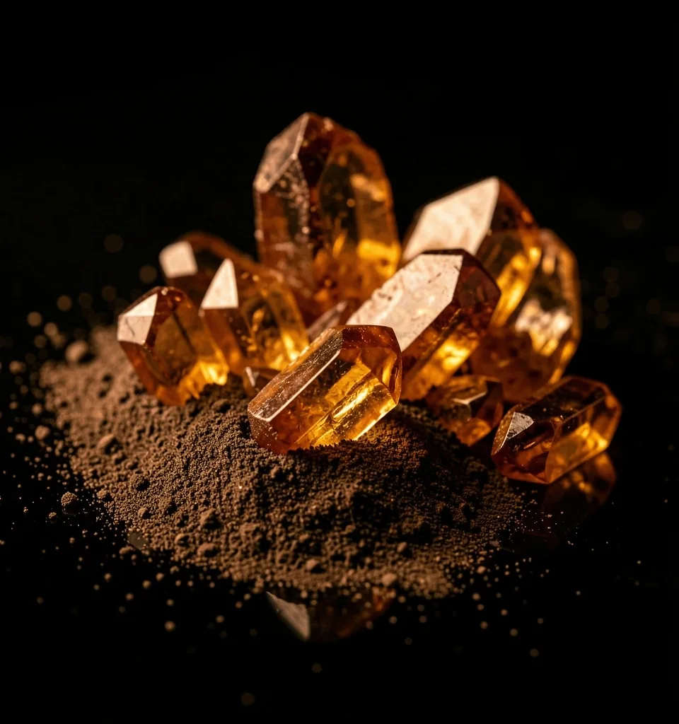 Mineral crystals and elemental powder on dark surface